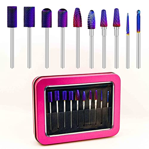 10Pcs Carbide Nail Drill Bits Set&for E-File Nail Drill 3/32 Inch Nail Bits-Acrylic Gel Nails Remover Tools&Professional Nail Drill Bit Flame Blue Gradient Color&with Aluminum Alloy Nail Drill Bit Box