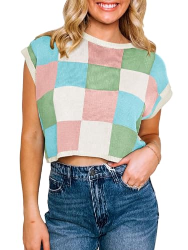 Image of Saodimallsu Womens Cap Sleeve Crop Tops Summer Color Block Going Out Crew Neck Knit Trendy Casual Sweater
