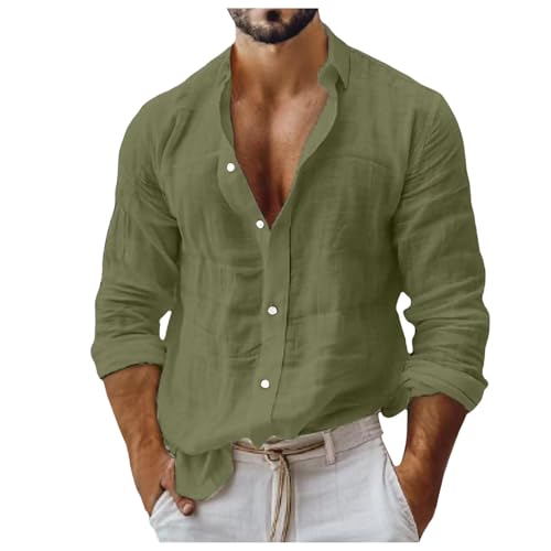 Camisa Lino Hombre Tallas Grandes Camisas De Verano Hombre Estampadas Camisas Hombre con Bolsillo Manga Larga Y Sin Pinzas En La Espalda Verde,3XL