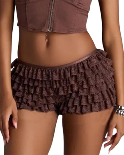 Kfsghdnz Mini pantalones cortos de verano Y2K para mujer, lindos volantes y encaje, falda corta elástica de cintura baja, pantalones de calabaza, pettipant Bloomers, Marrón D, L