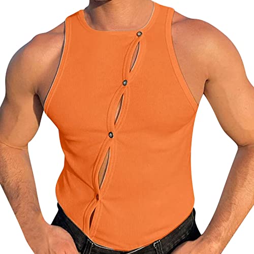 Camiseta sin mangas acanalada para hombre, sin mangas, con botones frontales abiertos, de punto de ganchillo, sexy, vintage, ropa de calle, Y2K, Camiseta sin mangas naranja para hombre, L