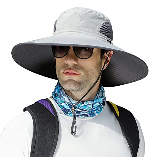 OHCCYML 2 Sizes Wide Brim Fishing Sun Hat for Men UPF 50+Waterproof Breathable Bucket Sun Hat Safari Hiking Camping Hat for Outdoors, Light Grey, 7 1/2-8