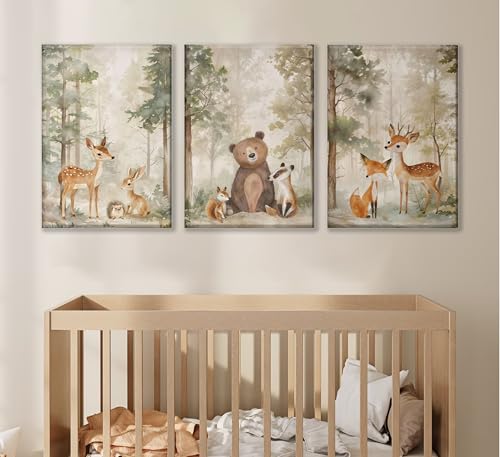 MIZILI 3Pcs Woodland Animal Nursery Canvas wall art Wild Animals Forest Paintings Pictures Wall Decor Fox Bear Deer Watercolor Poster Printing Artwork for Boys Room Girls Room Home Decoration - Image 5