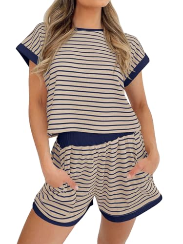 Image of Tankaneo Womens Summer 2 Piece Sets Striped Short Sleeve T Shirts and Shorts Loungewear Matching Set