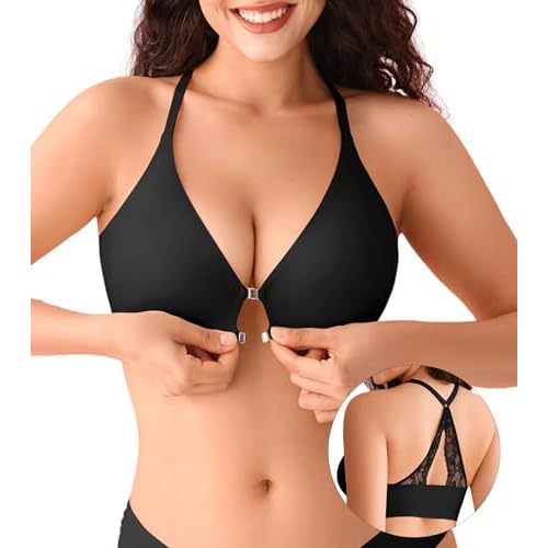 DEANGELMON Front Closure Bras for Women Wireless Jelly Padded Racerback Bralett Low Cut T-Shirts Bra Medium Lace Racerback-black
