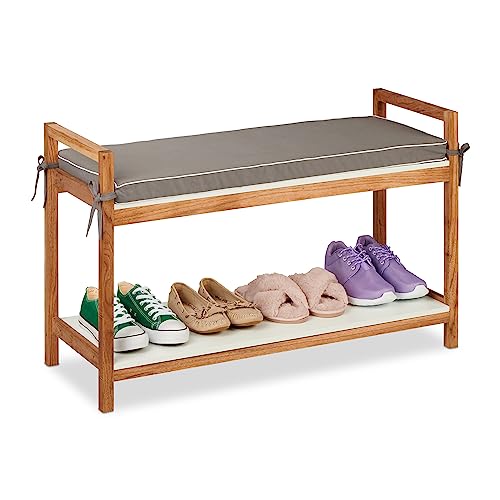 Relaxdays Banco Zapatero Asiento, Organizador Zapatos, Cojín Extraíble, Descalzadora Madera, Multicolor, Algodón, 55 x 90 x 34 cm Aprox