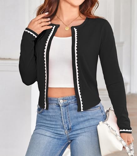 Women's Cardigan Sweater Color Block Long Sleeve Crew Neck Knit Cardigan Trendy Cropped Cardigan Shrug2