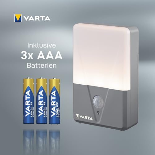 Varta Nachtlicht mit Bewegungssensor LED inkl. 3X AAA Batterien, Motion Sensor Outdoor Light, Installation: Schraube, Magnet oder 3M-Klebeband, Spritzwassergeschützt, automatische Abschaltung, Weiß