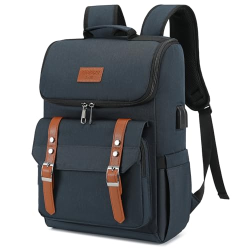 YALUNDISI Mochila vintage de viagem para laptop com porta de carregamento USB para mulheres e homens, mochila universitária para laptop de 15,6 polegadas azul marrom