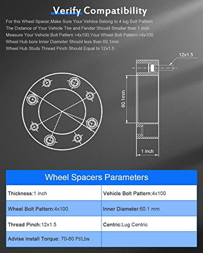 Eccpp 1 Inch 4X100Mm To 4X100Mm Wheel Spacers 4 Lug With 12X1.5 Studs Fit For 2005-2010 For Cobalt 2004-2011 For Aveo 2004-2020 For Yaris-2 Pair #TOP2
