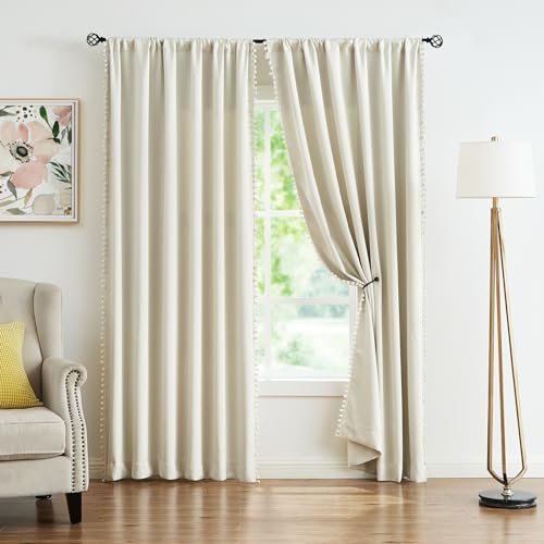 Image of Treatmentex Pom Pom Curtains for Bedroom Windows 90 inch Energy Efficient Thermal Insulated Living Room Darkening Curtain Panels for Kitchen Nursery Room Ivory 52 inch w x2 Panels Rod Pocket