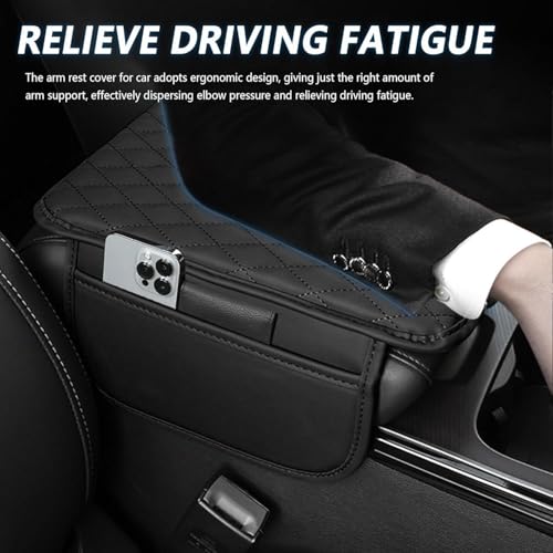Image of Car Armrest Cover with Side Pockets, Quilted Design Center Console Cover, Elastic Strap Installation, Black