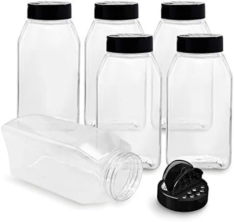 ROYALHOUSE 6 PACK 32 Oz with Black Cap, Plastic Spice Jars Bottles Containers, Perfect for Storing Spice, Herbs and Powders, Lined Cap, Safe Plastic, PET, BPA free, Made in the USA