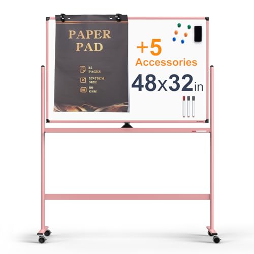 Image of Large Dry-Erase Rolling Magnetic Whiteboard - 48 x 32 Inches Dry Erase Board with Stand Height Adjust Double Sides Mobile White Board Easel on Wheels with 25 Sheets Paper Pad Office, Home & Classroom