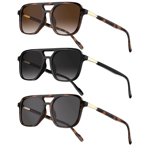 konqkin Retro Aviator Sunglasses for Women Men:Polarized Trendy Vintage 70s Rectangle Mens Womens Shades Sun Glasses UV Protection (Brown+Grey+Tigerspot,54mm)