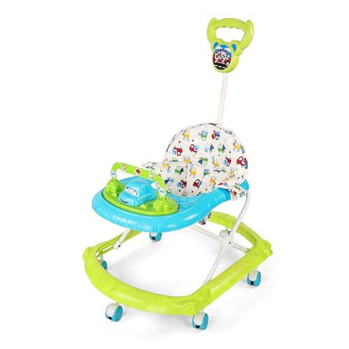 Image of BabyGo Gogo Baby Walker for 6-24 Months, Baby Walker with Push Handle & Activity Tray, Foldable Adjustable Height Infant Walker with Wheels, Music,Toy Bar and Comfotable seat (Blue -Green)