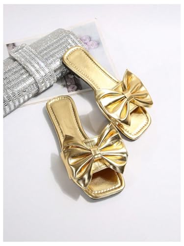Verdusa Women's Metallic Bowknot Dressy Sandals Square Toe Slip on Slippers4