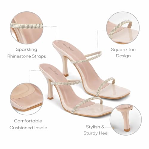 Image of Women's & Girls | Patent stylish Slip-On High Heels with Rhinestone Straps | Elegant Square Toe Fashion Sandals for Women | Comfortable Heeled Footwear for Weddings