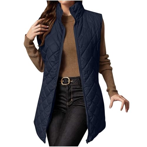 Puffer Vest Women Long Trendy Plain Sleeveless Quilted Jacket Zip Up Lightweight Warm Padded Gilet Coat Outerwear vests women Navy M