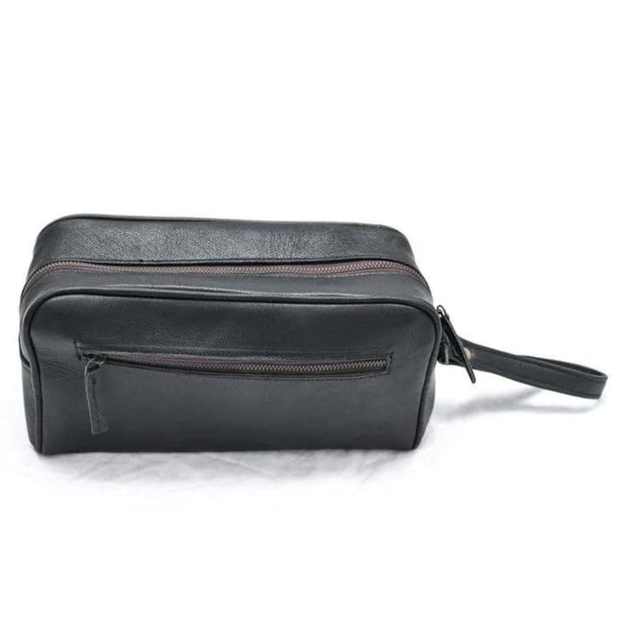 MaheTri Bolsa organizadora de viaje de piel auténtica, bolsa de aseo para hombres y mujeres, bolsa de cosméticos de cuero para kit de afeitado, marrón vintage y negro, regalo unisex, negro, sección
