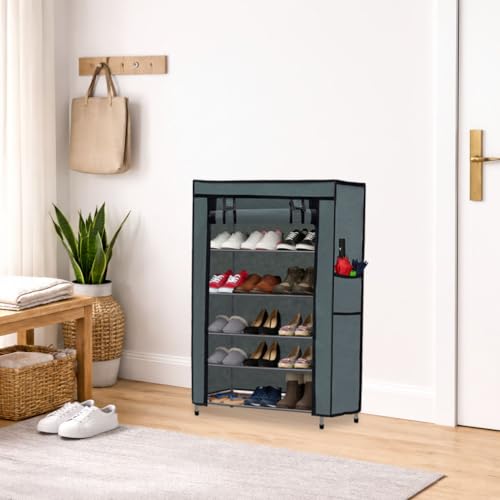 Image of Metal Shoe Stand with Cover, 5 Tier Shoe Organizer for Home & Office - Grey