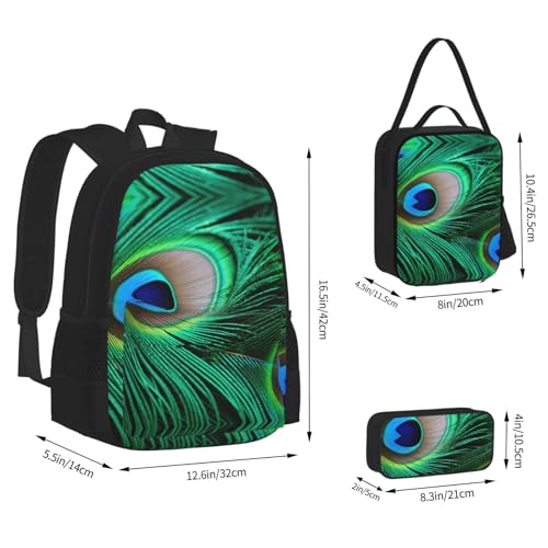 nanger Peacock Feather Print 3-Piece Set Backpack, Lunch Bag And Pencil Case, For Travel, College, And Daily Use4