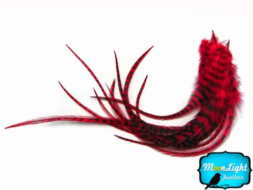 Moonlight Feather, Hair Extension Feathers; 6 Pieces - Xl Red Grizzly Thick Extra Long Rooster Hair Extension Feathers #TOP1