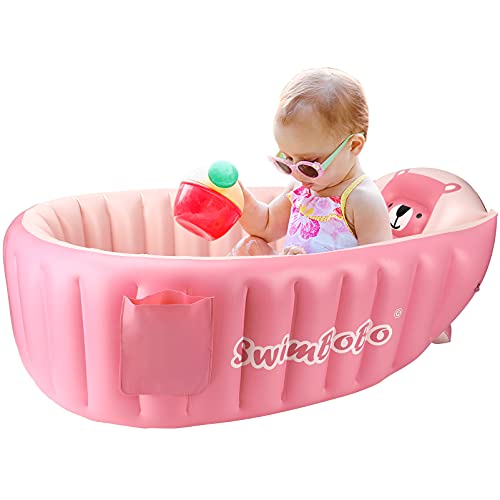 Image of Inflatable Baby Bath Tub Portable Foldable Travel Mini Swimming Pool Helps Infants to Toddler Tub (Pink)