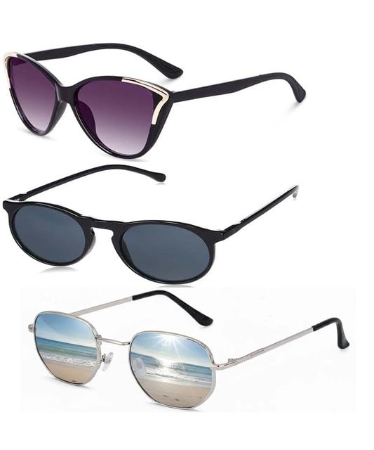 Y&S Unisex Goggle Combo| Combo Offer Pack of Branded Latest Stylish| Black Cateye Black Round Silver Hexagonal for Men and Women with Box|3-1281