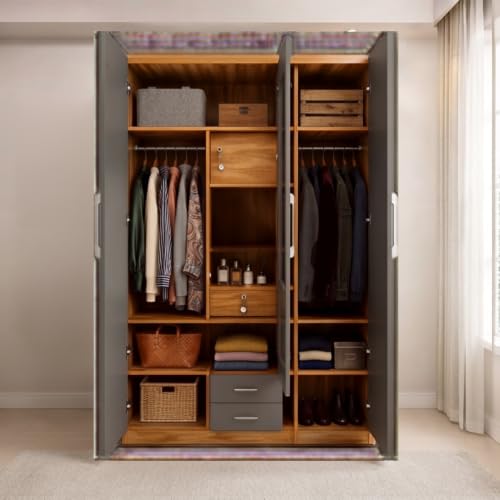 Image of 3 Door Wooden Wardrobe for Bedroom, Grey & Natural, 75x44x19 Inch