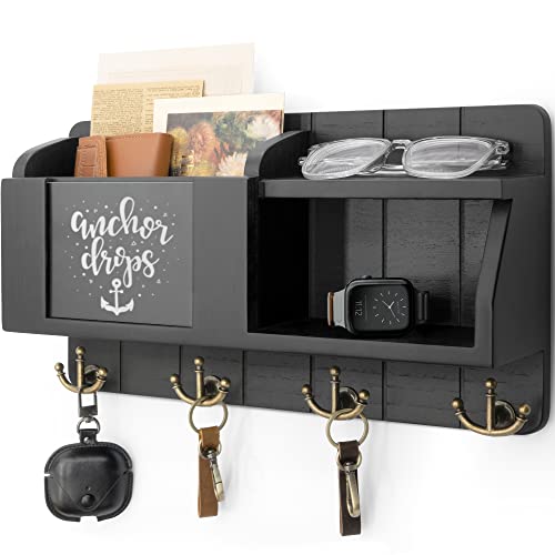 Rebee Vision Decorative Key Holder for Wall with Chalkboard : Farmhouse Mail Organizer with 4 Anchor Style Hooks and 2 Shelves - Rustic Home Decor for Entryway, Apartment, Hallway (Modern Black)