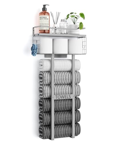 Aetyord Towel Racks for Bathroom - Wall Mounted Metal Rack with Wood Plank, Bathroom Storage Organizer, Towel Holder Stores 6 Large Rolled Towels Easily, All Grey