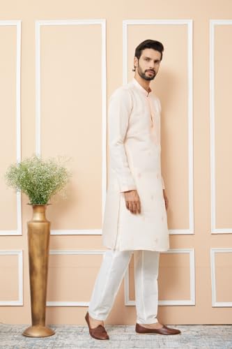 Image of See Designs Men's Long Sleeve Mandarin Collar Side Slit Off-White Embroidered Chanderi Silk Straight Kurta