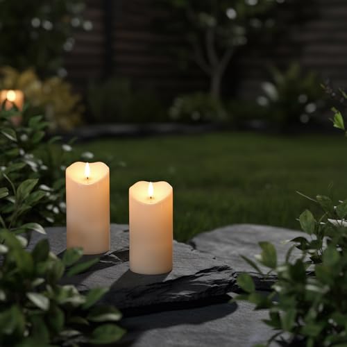 Image of Solar Candles Outdoor Waterproof, Flameless Flickering Pillar Candles 2 Pack 6 inch, IP65 Solar Powered Dusk to Dawn Sensor with 30+ Hours Long Lasting for Patio Garden Yard Deck Decor