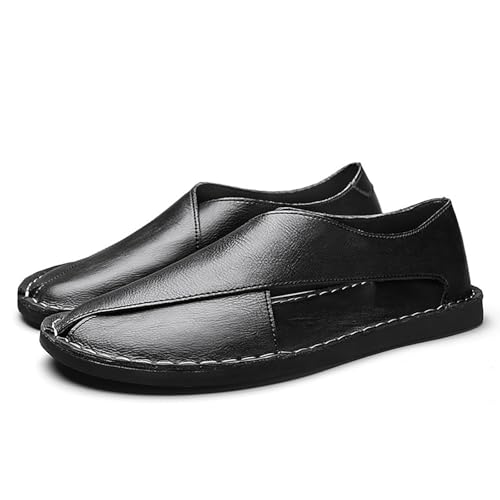Men's Leather Flat Sandals Summer Outdoor Comfortable Slip On Walking Driving Shoes Casual Beach Shoes