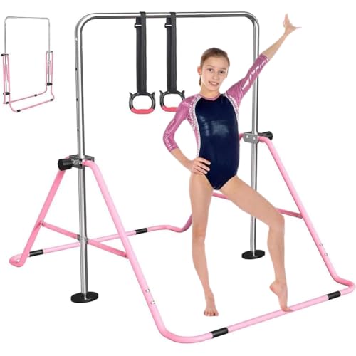 BAKAJI Barra de gimnasia y danza para niños y niñas de metal, barra paralela plegable y ajustable en altura, soporte horizontal para fitness con 2 anillas, mango ergonómico de espuma
