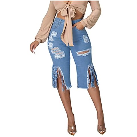 BestGirl Ripped Shorts for Women Denim Hole Washed Distressed Mid Rise Stretchy Tassel Short Jeans Blue2516 Medium Cover