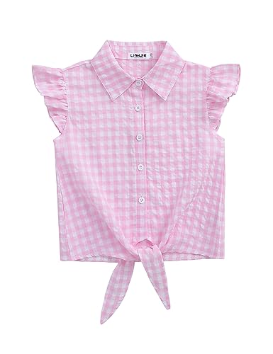 Girls Sleeveless Plaid Button Down Shirt Summer Crop Tops Tie Knot Ruffle Sleeve Shirt Blouse 3-12Y