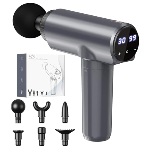 Pistola de Masaje Lefity, Masajeador de Tejido Profundo de con 30 Velocidades y 6 Cabezales de Masaje, Masajeador de Mano con Puerto de Carga USB-C