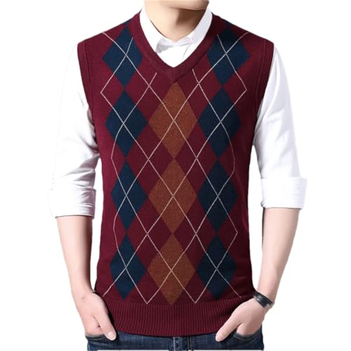 Men's Plaid Wool Knitted Pullover Vest Sleeveless V-Neck Casual Business Slim Outwear Tops