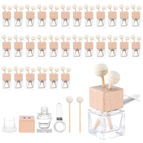Image of 30 Pack Car Diffuser Air Freshener Bottle Empty Car Essential Oil Diffuser Auto Glass Perfume Diffuser Bottle with Vent Clip Wooden Caps Stick Fragrance Ornament