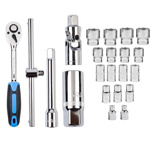 Image of Tata Agrico 24-in-1 Heavy Duty 1 /2 Inch Drive Socket Set | Hex & Bit Sockets with Ratchet Wrench | Extension Bars, Universal Joint, Spinner Handle | Mechanic Tool Kit with Storage Case | SCS003