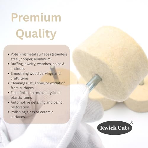 Image of KWICK CUT+ 50x25mm 5 PCS Felt Polishing Spindle Wheel 6mm Shank | Wool Buffing Pads Kit for Dremel, Grinder, Drill | High-Density Wheels for Metal, Jewelry, Glass & Wood Finishing | Mirror Finishing