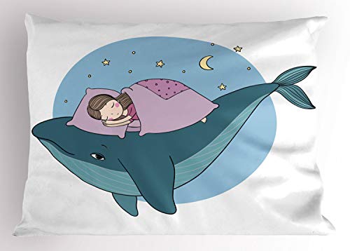 Ambesonne Whale Pillow Sham, Fantasy Vibes Sleeping Character on a Fish Bed in The Night Sea Illustratiob, Decorative Standard Size Printed Pillowcase, 26