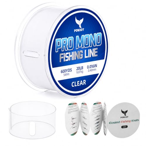 POWJOY 20lb Clear Monofilament Fishing Line 600Yds, No‑Tangle Snap Ring, Low-Stretch Nylon Mono...