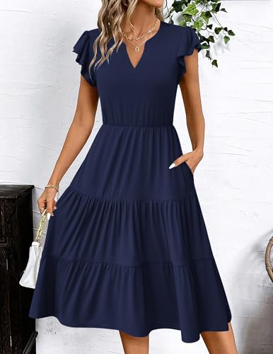 Image of ZEAGOO Womens Summer Casual Dresses Ruffle Sleeve V Neck Midi Dress Flowy Tiered Dress with Pockets Boho Sundresses
