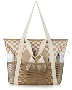 HOMESPON Strandtasche Damen mit Reißverschluss Große Wasserdicht Mesh Badetasche Familie Faltbar Beach Tote Bag Shopper, ariert Braun Weiß