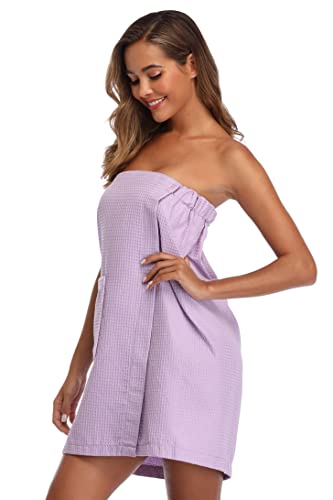 Image of Women's Bath Towel Wrap Waffle Spa Body Wrap with Adjustable Closure Quick Dry Lightweight Towel Robes with Pocket, Light Purple L /XL