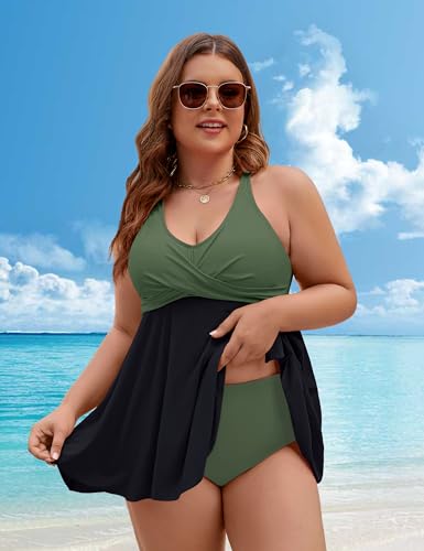 Edelqual Womens Plus Size Tankini Swimsuit Two Piece Tummy Control Bathing Suits Swim Dress Swimwear with Shorts2