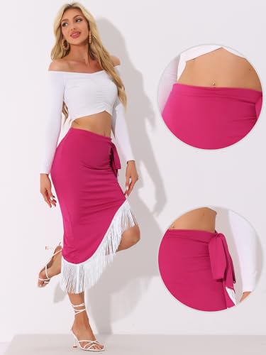 Allegra K Halloween Fringe Trim Bodycon Skirt for Women's Asymmetrical Ruched Tie Waist Party Midi Skirts2